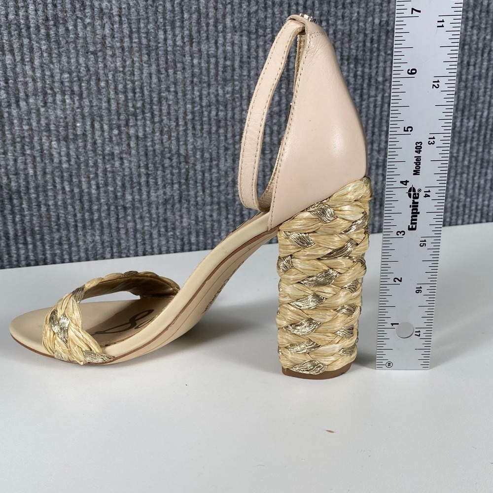 Sam Edelman Yaro Block Heel Sandals‎ Beige Gold Braided Straw Leather 7 SU - Picture 4 of 5